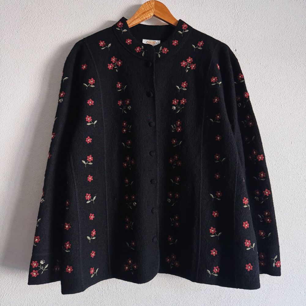 90s vintage black wool jacket w/ floral embroidered details